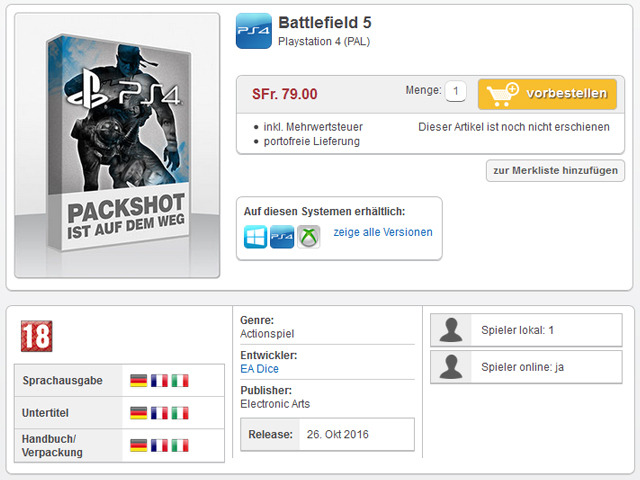 『Battlefield 5』の舞台は第一次世界大戦か―海外小売店に情報掲載