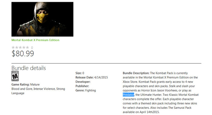 『Mortal Kombat X』にプレデター参戦が確定か―Xbox Storeの製品ページに記載
