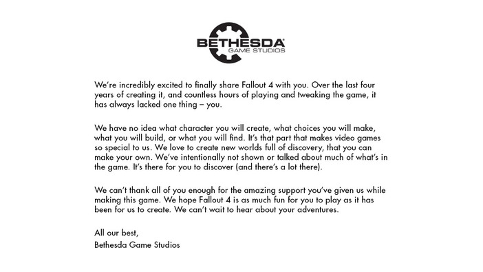 『Fallout 4』を制作したBethesda Game Studiosからのメッセージが公開