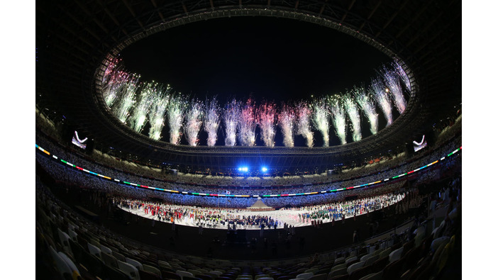 Tokyo 2020 Olympic Games opening ceremonyTOKYO, JAPAN - JULY 23: Artists perform as fireworks explode above the stadium during the opening ceremony of the Tokyo 2020 Olympic Games at the Olympic Stadium in Tokyo, Japan on July 23, 2021. (Photo by Ali Atmaca/Anadolu Agency via Getty Images)