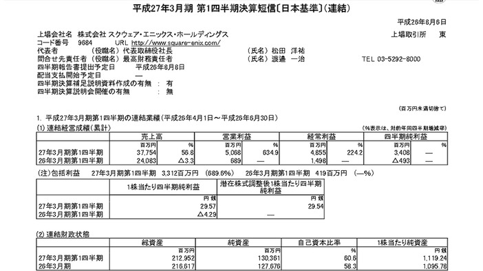 スクウェア・エニックス・ホールディングス平成27年3月期第1四半期決算スクリーンショット