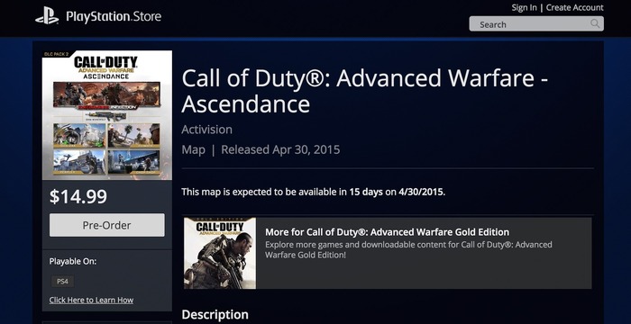 PS4版『CoD: AW』新DLC「Ascendance」の海外向け配信日が決定か―PSストアに掲載