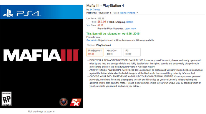 噂： 『Mafia III』発売日が海外複数小売店で目撃