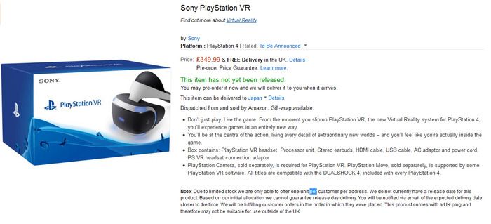 欧州AmazonでPlayStation VRの予約が開始されるも数分で完売