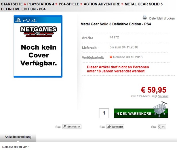 『Metal Gear Solid 5 Definitive Edition』なるPS4タイトルがゲーム販売サイトに出現