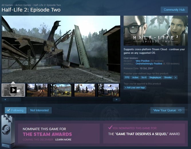 Steamアワード『Half-Life 2: EP2』に組織票の動き―「続編を出すべきゲーム」受賞なるか
