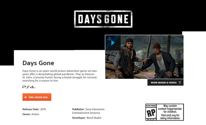 PS4新作オープンワールドACT『Days Gone』の発売が2019年に延期！