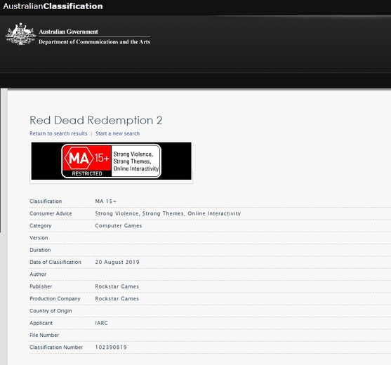 PC版『レッド・デッド・リデンプション2』と見られる登録情報が豪レーティング機関で確認される