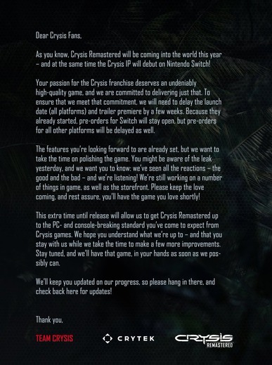 『Crysis Remastered』対応全機種において発売延期発表―7月23日より数週間後を予定