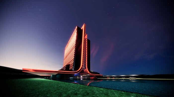 夜景に輝くアタリのロゴ！サイバーパンク風味なゲーミングホテル「Atari Hotels」新イメージ画像