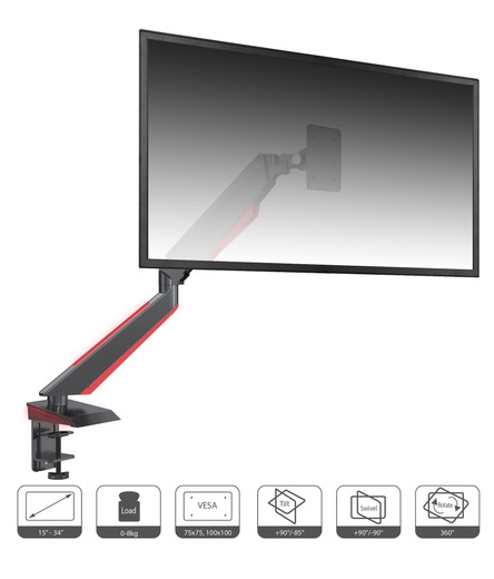 赤い光がプレイを盛り上げる！ LED内蔵ゲーミングモニターアーム「JN-ARM-GE22V」発売