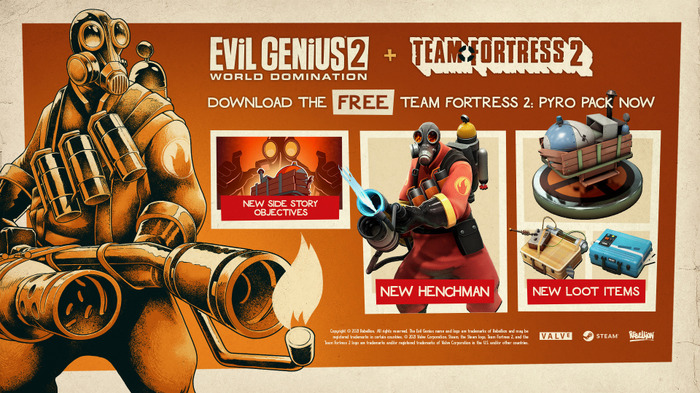 ホロホロホー！『Team Fortress 2』のパイロさんが『Evil Genius 2』に参戦―無料DLCとして配信