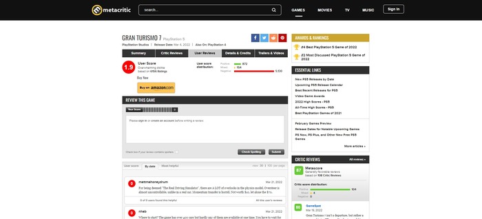 『グランツーリスモ7』Metacriticユーザースコア振るわず―車の価格設定などの仕様が原因か