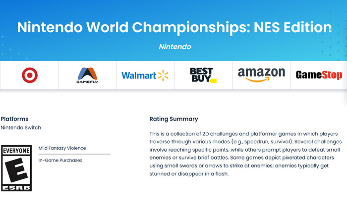 スイッチ向け未発表ゲーム『Nintendo World Championships: NES Edition』のレーティング審査情報がESRBに掲載