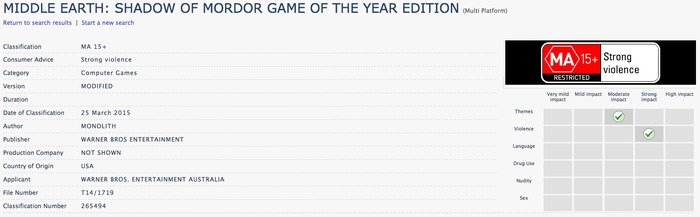 噂： オープンワールドACT『Middle-earth: Shadow of Mordor』GOTY版がAU審査機関に掲載